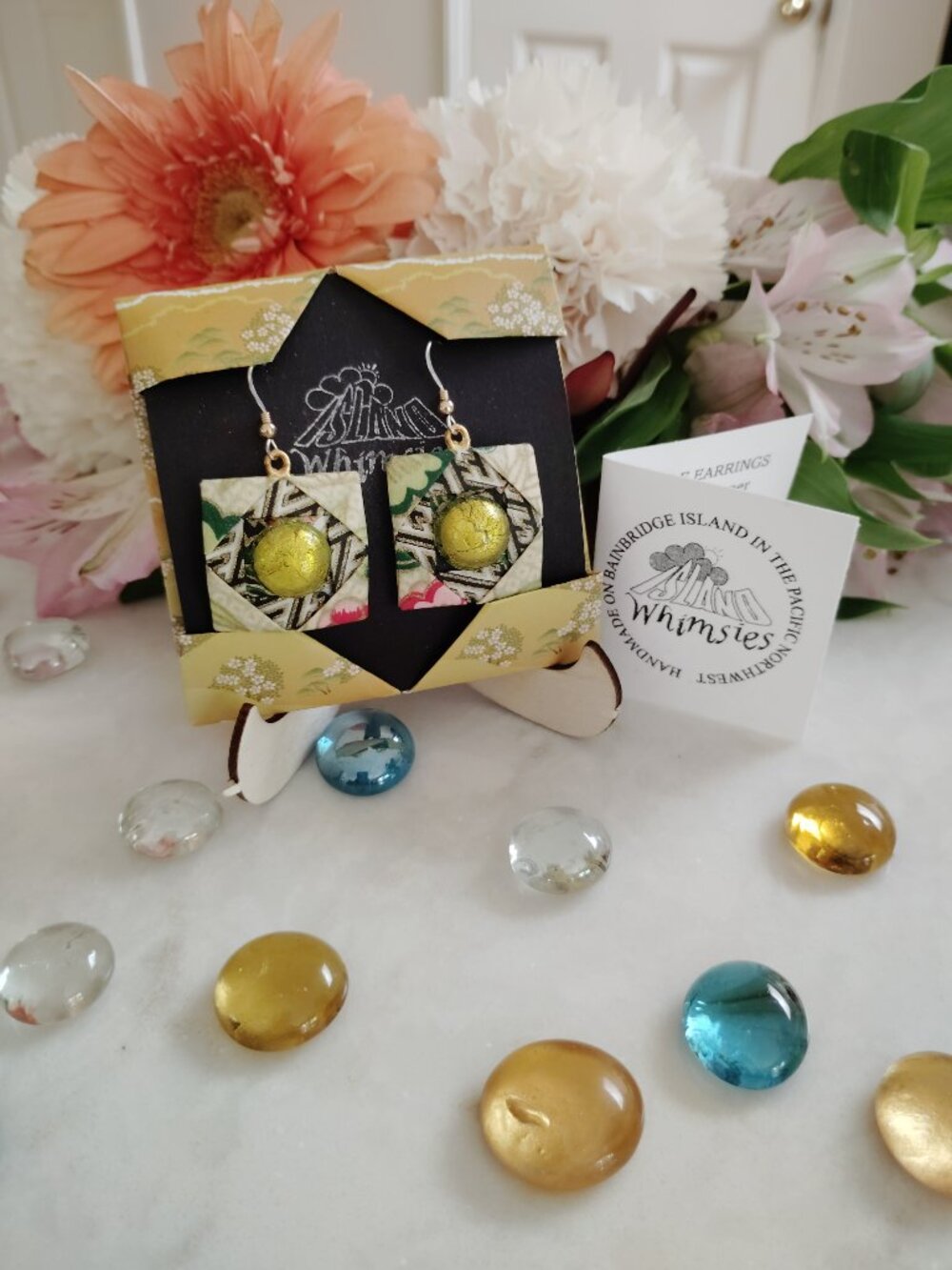 Origami Tile Paper Earrings, Peridot Green/Gold Foil Glass Cab, Handmade OAK